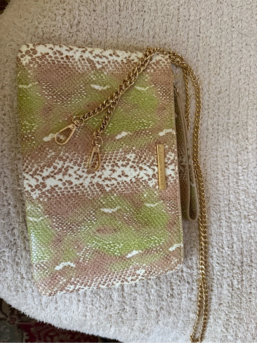 Kelly Wynne Green and Neutral Snake-Print Clutch/wristlet bag